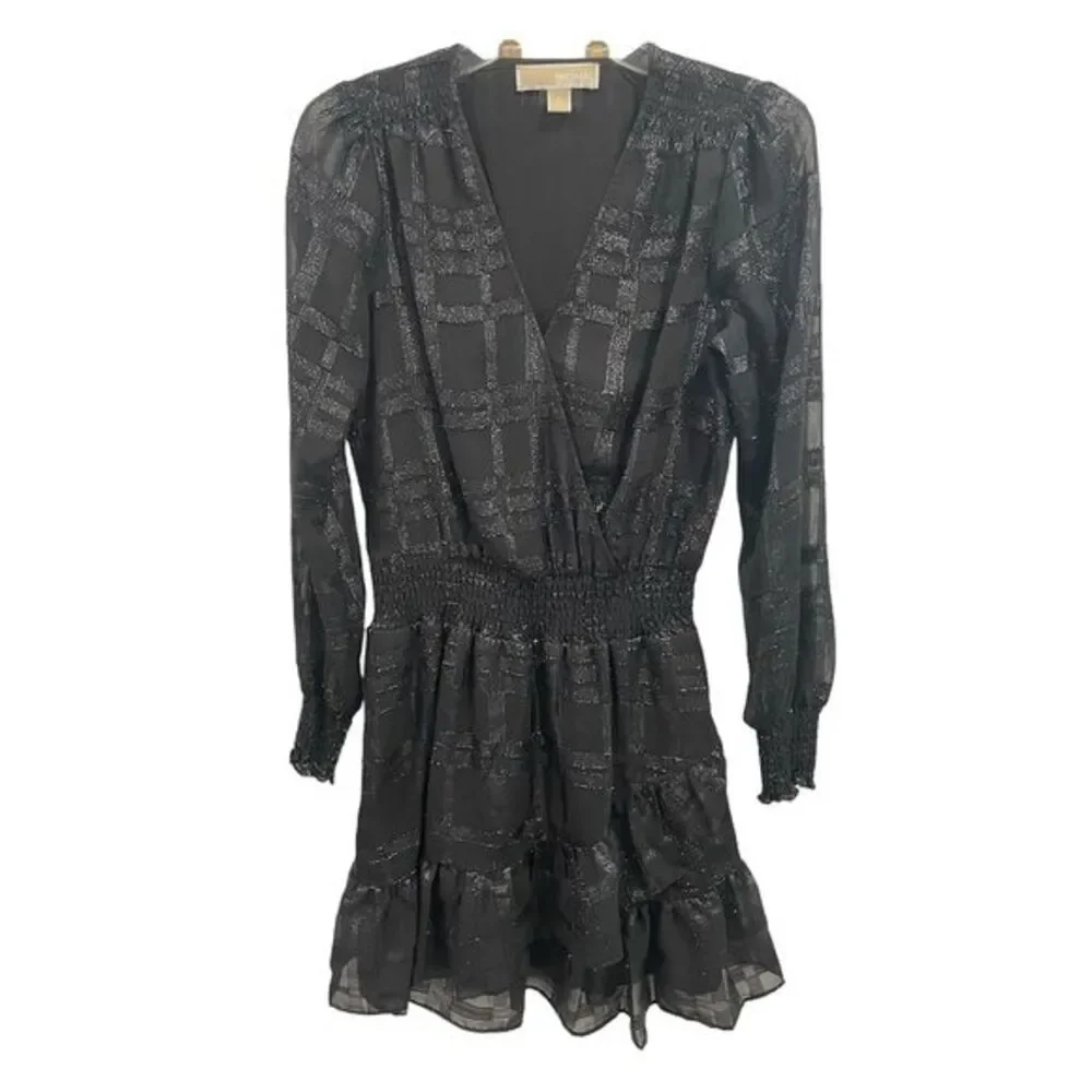 Michael Kors Black Metallic Ruffle Dress S Long Sleeve Party Cocktail‎ Plaid